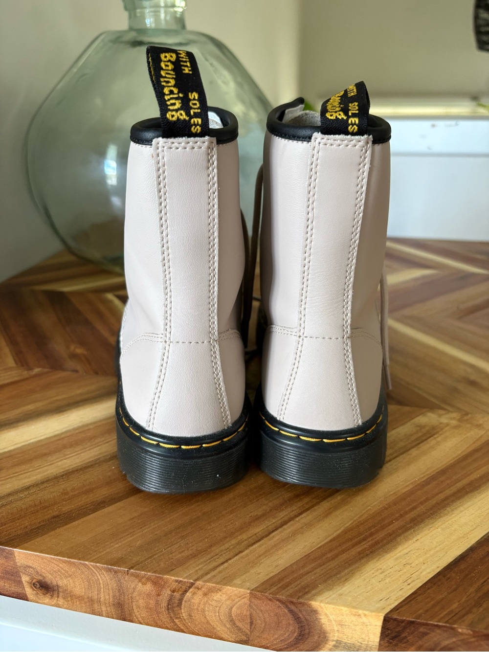 Dr. Martens Cream Ankle Boots with Black Sole and Yellow Stitching